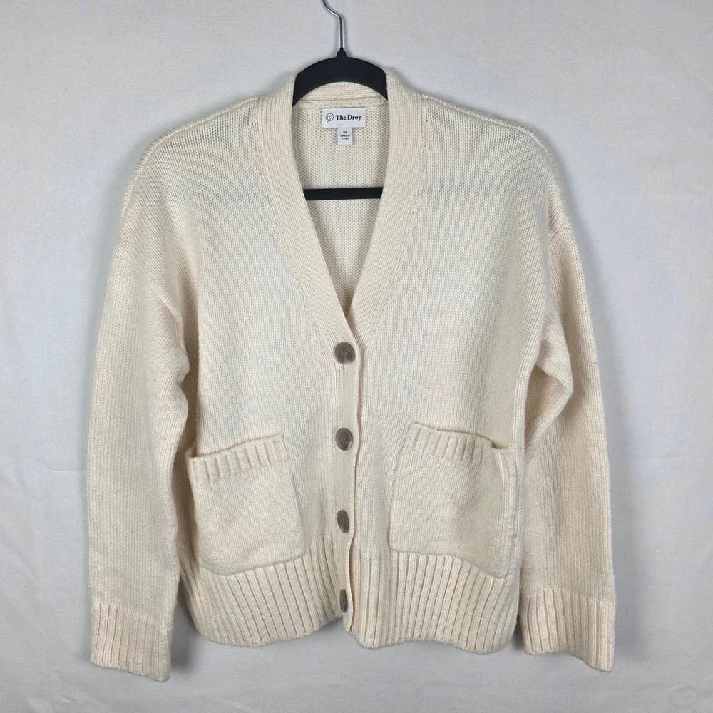 The Drop Womens Ivory Cream Chunky Knit V-Neck Button Front Cardigan Sweater XS